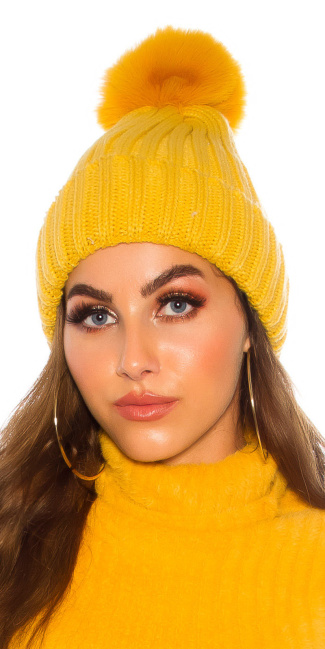 Trendy Lined Winter Hat with Bobble Mustard